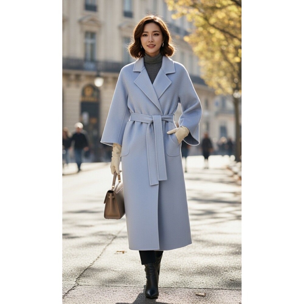 L.A.M.B. Pale Blue Belted Wool Trench Coat